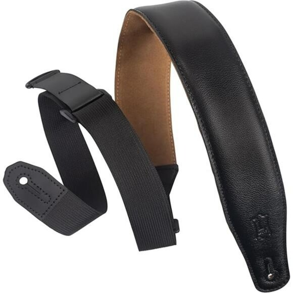 Black Leather Guitar Strap Adjustable Padded Suede Back for Electric Acoustic - Picture 6 of 6